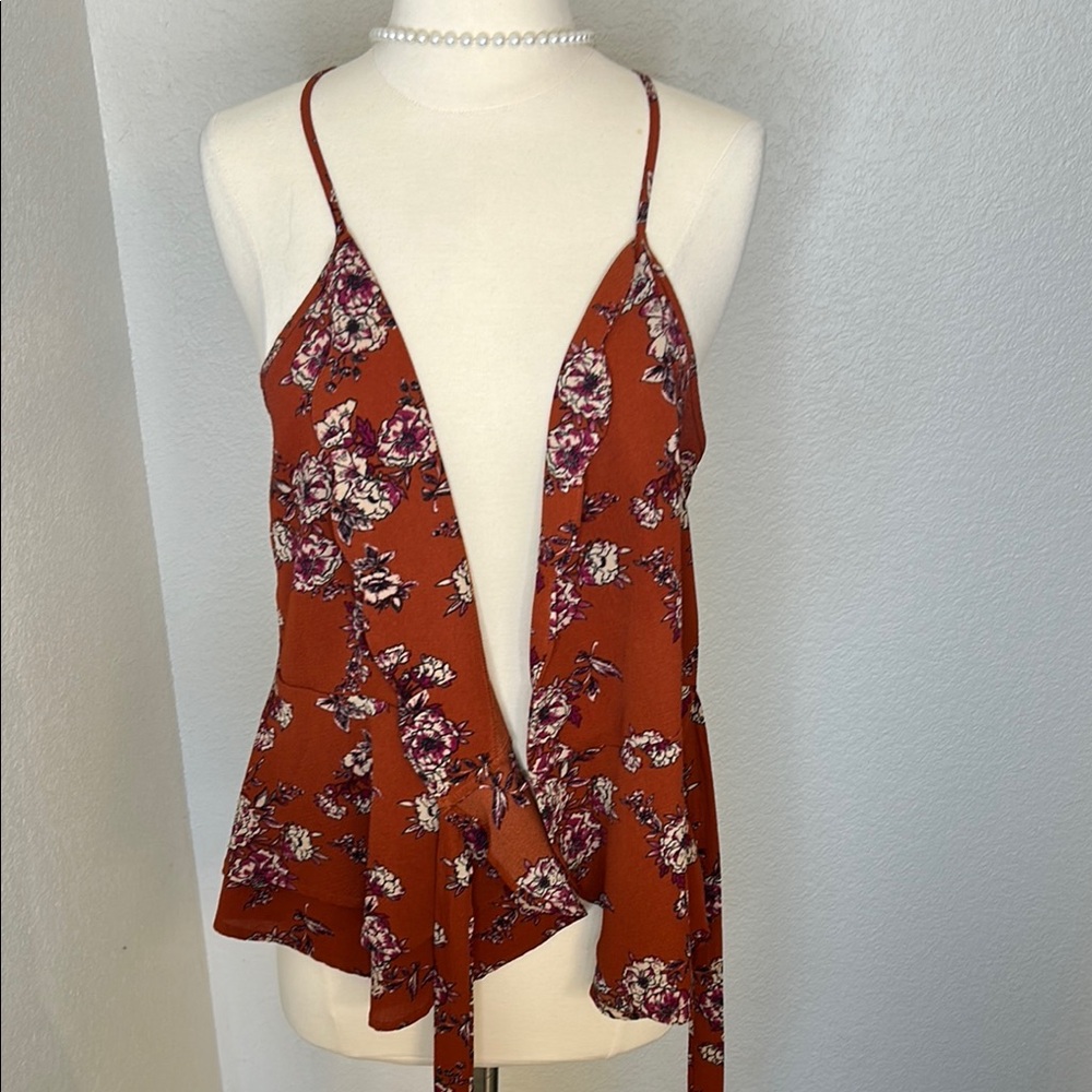 Floral Wrap Top - Rust and Cream Blouse Size Large - Picture 8 of 11
